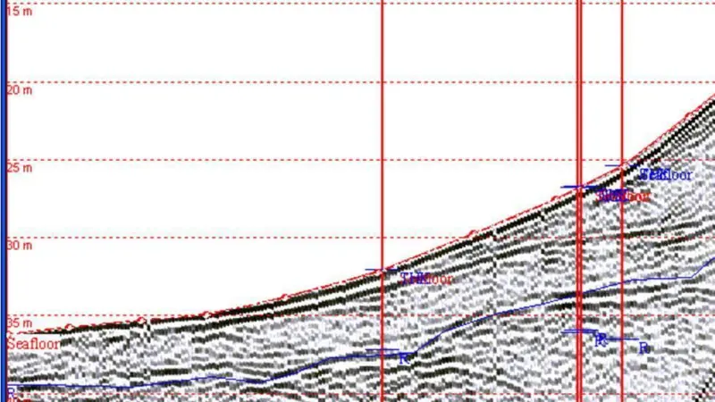 The boomer data provides a high resolution look at sub-bottom features. In this example a 75m section of survey line shows depths from 35m to 15m where the rockhead can be clearly identified through overlying cobbles and pebbles up to 15m below ...