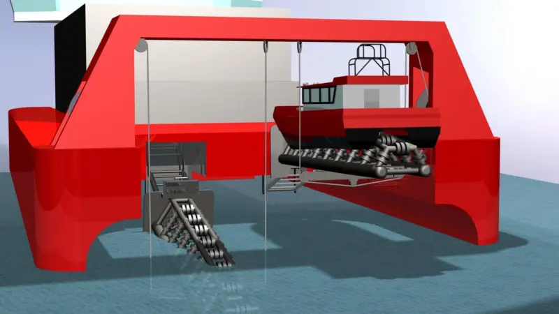 The principle of Divex’s LARS is an inclinable and semi-submersible cradle that can be raised up to the vessel or be lowered into the sea to allow launch and recovery.