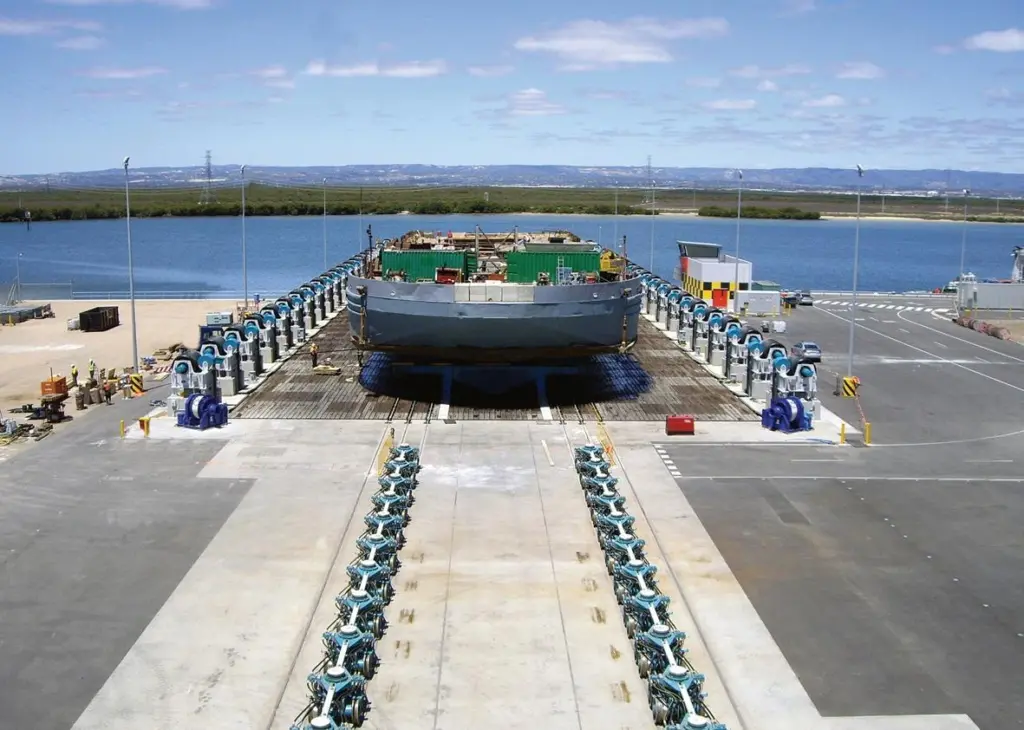 A Rolls Royce Syncrolift, showing its platform and the wheel system that helps the vessel into its dry berth.