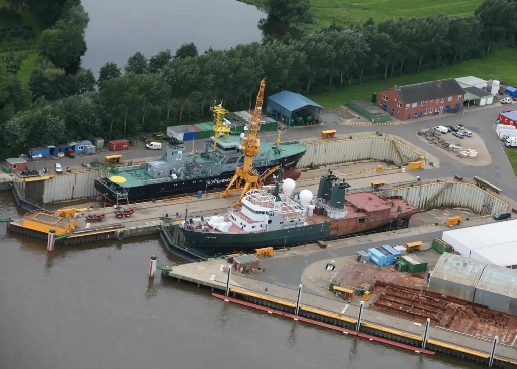 Seeing double Seefalkes at Peters Werft, as the former and current German fisheries protection ships of that name are worked upon in parallel drydocks.