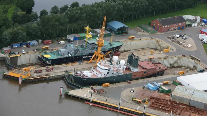 Seeing double Seefalkes at Peters Werft, as the former and current German fisheries protection ships of that name are worked upon in parallel drydocks.