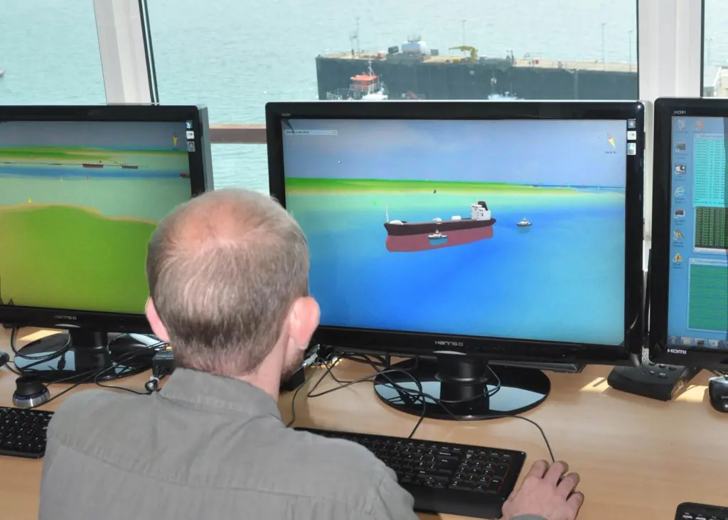 The display may look like a simulator but is, in fact, an integrated real time presentation of radar, ECDIS and AIS data.