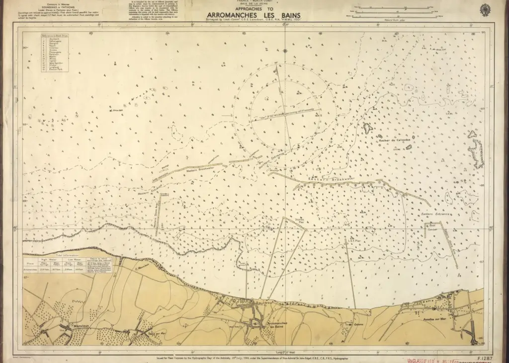 A chart from the Second World War, showing the location of the breakwater sections of the Mulberry, which were made by scuttling ships. (Image: UKHO Archive)