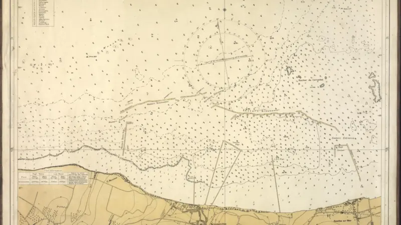 A chart from the Second World War, showing the location of the breakwater sections of the Mulberry, which were made by scuttling ships. (Image: UKHO Archive)