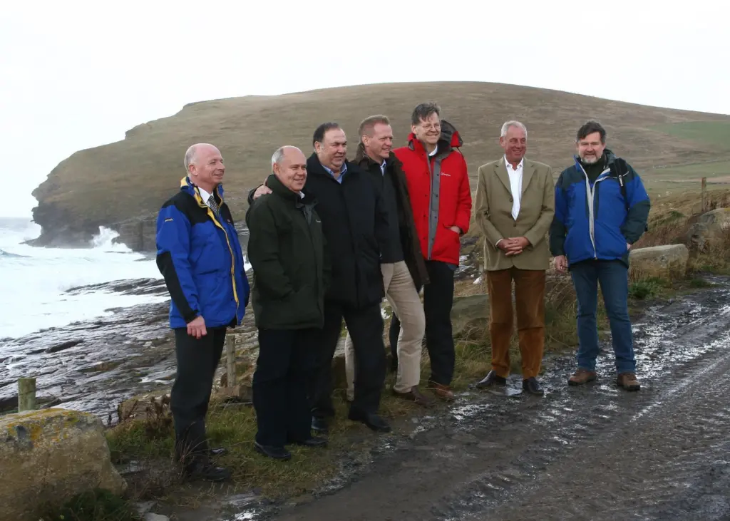 ECCC members and local officials visited wave and tidal energy sites on Orkney this week. EMEC MD Neil Kermode is on the left end and ECCC chairman Tim Yeo MP is second from right end. Photo courtesy of EMEC.