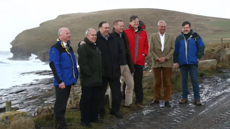 ECCC members and local officials visited wave and tidal energy sites on Orkney this week. EMEC MD Neil Kermode is on the left end and ECCC chairman Tim Yeo MP is second from right end. Photo courtesy of EMEC.