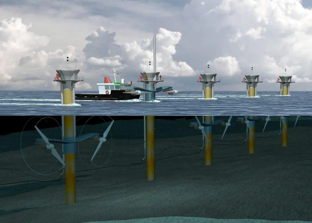 The proposed tidal energy scheme consists of up to nine SeaGen turbines in an area between the Skerries group of rocks and islands and Carmel Head, about 1 km off the Anglesey coast.