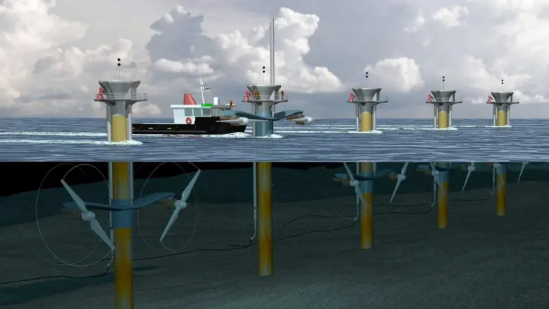 The proposed tidal energy scheme consists of up to nine SeaGen turbines in an area between the Skerries group of rocks and islands and Carmel Head, about 1 km off the Anglesey coast.
