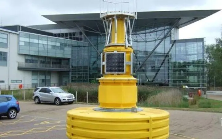 The latest 3.6m Fairhurst Marine Navigation buoy waits outside the Met Office headquarters prior to testing.