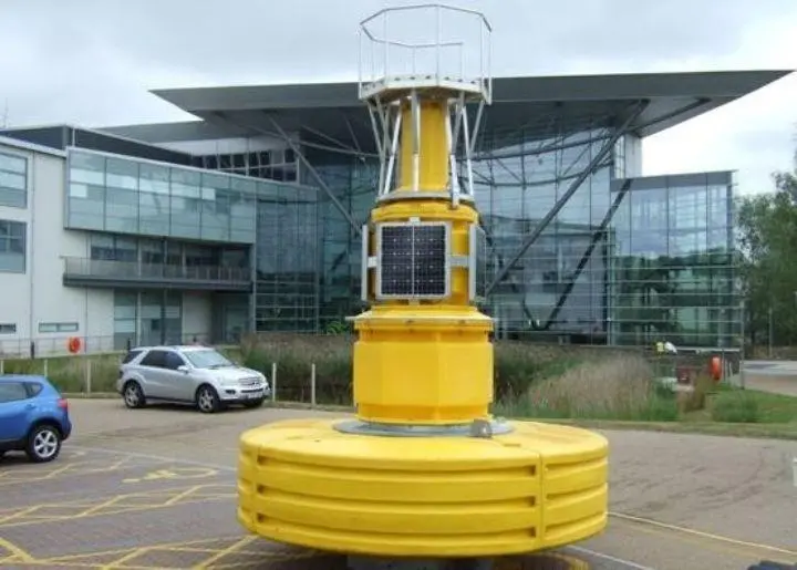 The latest 3.6m Fairhurst Marine Navigation buoy waits outside the Met Office headquarters prior to testing.