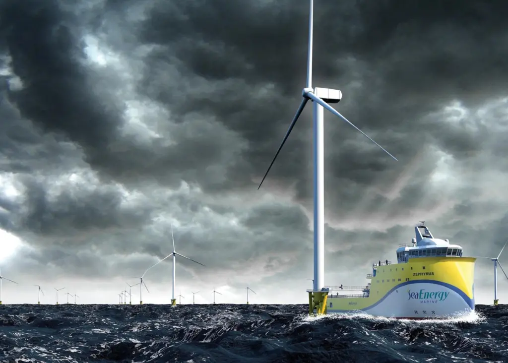 Sea Energy’s design will be based on Ulstein’s PX105 hull and an Ampelmann access system. Image: Sea Energy