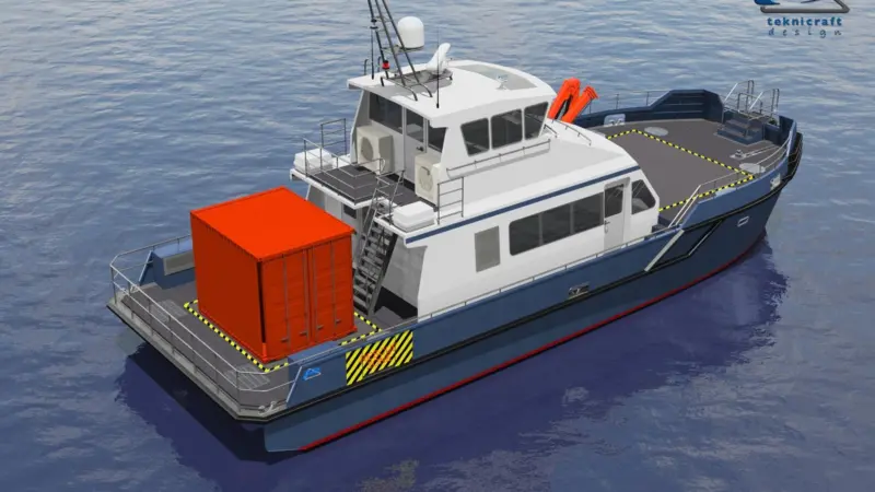 The versatile Teknicraft design will carry 12 passengers and up to five tons of cargo at up to 35 knots.