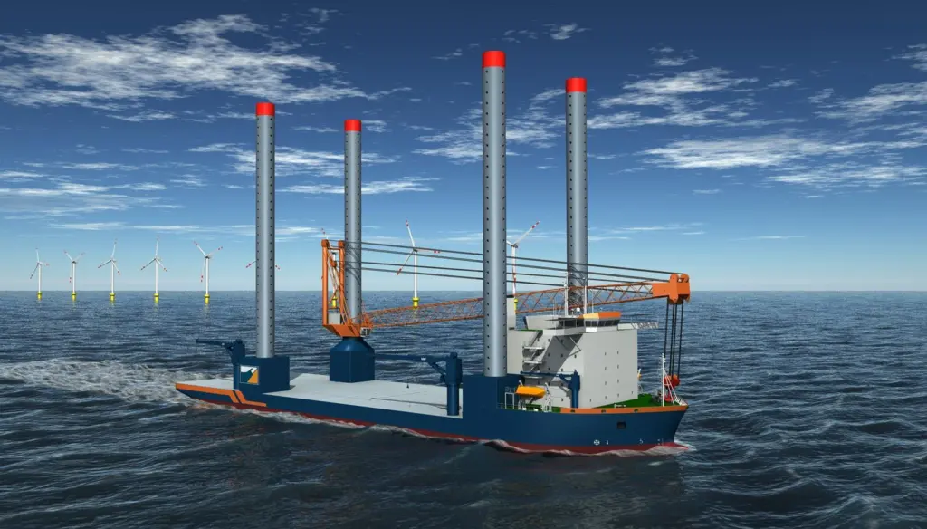 An artist’s impression of the newbuild Sietas Type 187 wind farm installation vessel for Van Oord.