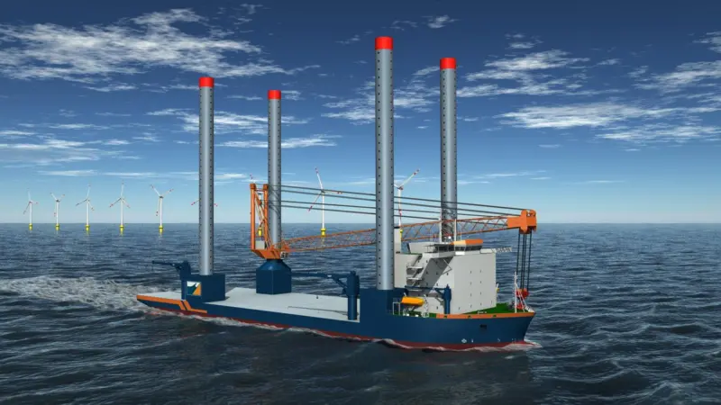 An artist’s impression of the newbuild Sietas Type 187 wind farm installation vessel for Van Oord.