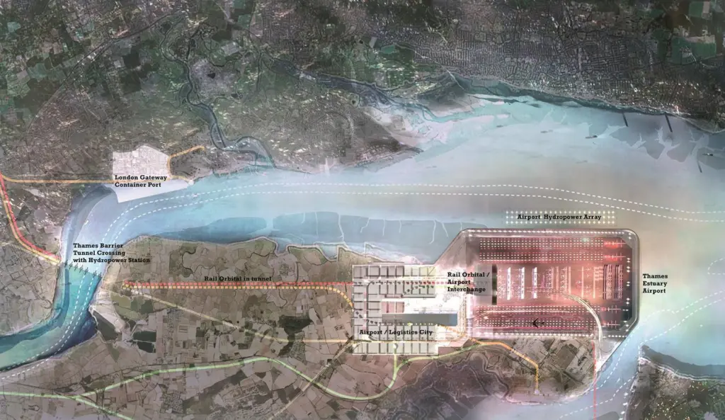 Lord Foster’s ‘Thames Hub’ plan includes an airport on reclaimed land in the Thames estuary.