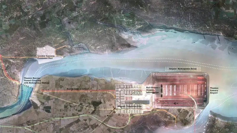 Lord Foster’s ‘Thames Hub’ plan includes an airport on reclaimed land in the Thames estuary.