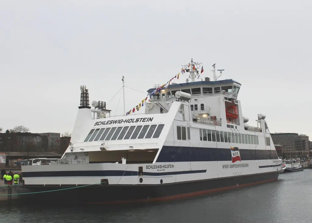 The Schlesweg-Holstein is seen in the harbour at Kiel.