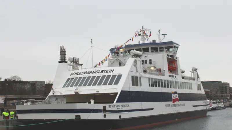 The Schlesweg-Holstein is seen in the harbour at Kiel.