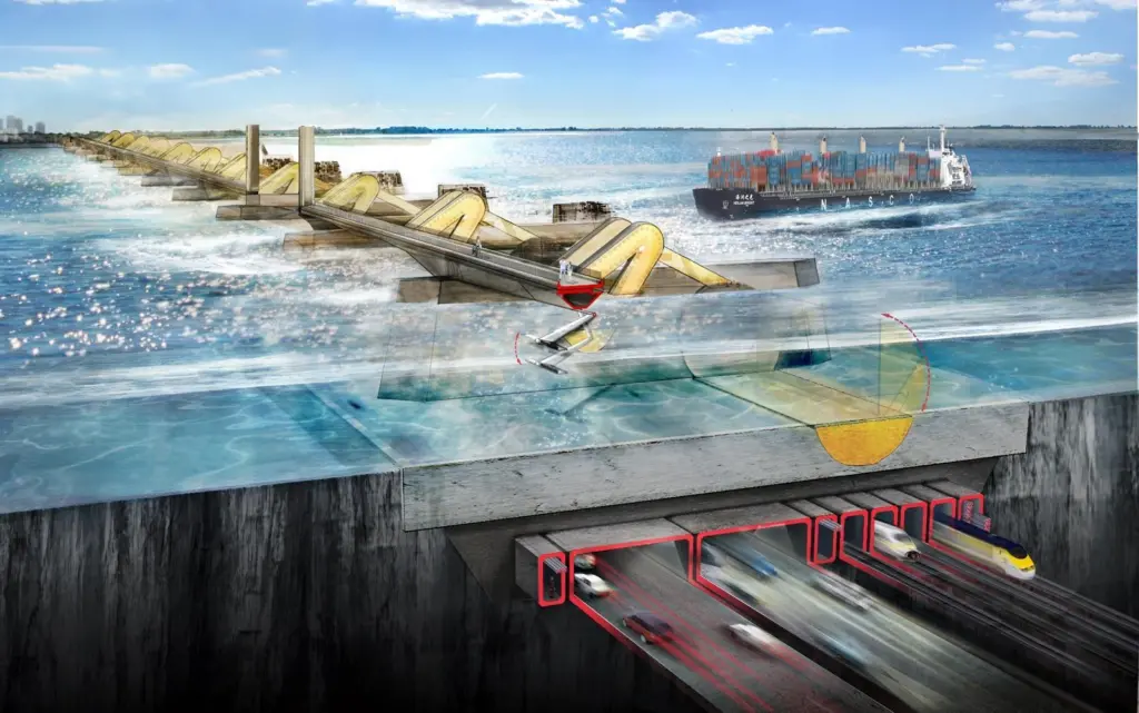 The new barrier crossing that would form part of the Thames Hub would extend flood protection to London and the nearby Thames Gateway container port while also harnessing tidal power to generate carbon-free energy.