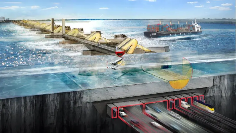 The new barrier crossing that would form part of the Thames Hub would extend flood protection to London and the nearby Thames Gateway container port while also harnessing tidal power to generate carbon-free energy.