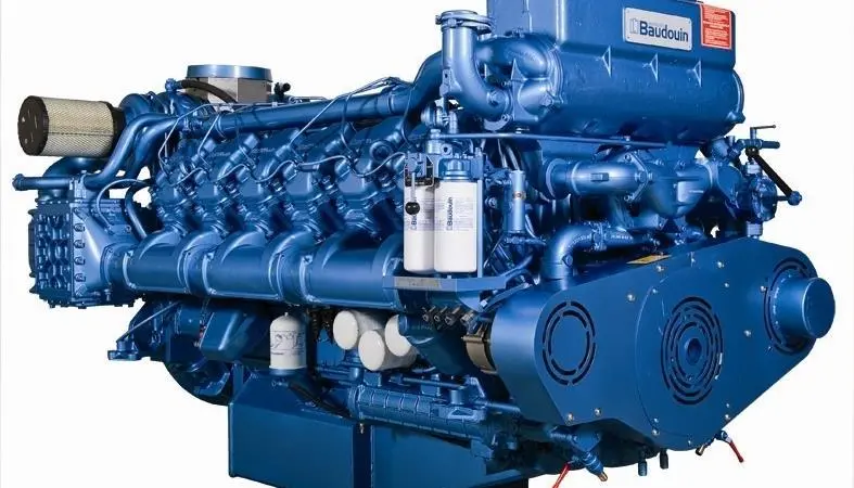 Moteurs Baudouin current engine range includes inline 6 cylinder, V 8 and V12 propulsion engines from 80 kW to 808kW.