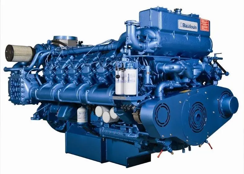 Moteurs Baudouin current engine range includes inline 6 cylinder, V 8 and V12 propulsion engines from 80 kW to 808kW.