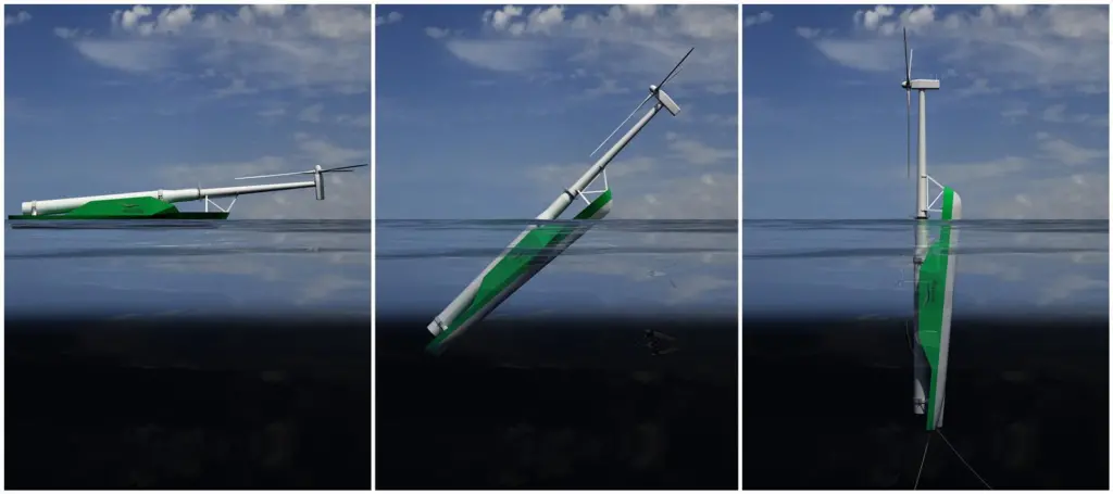 The WindFlip barge transfers the completed turbine horizontally before ballasting to a vertical position.