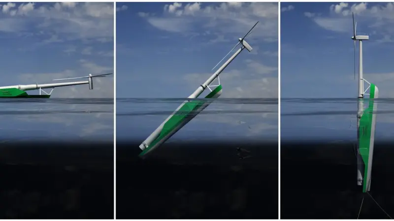 The WindFlip barge transfers the completed turbine horizontally before ballasting to a vertical position.