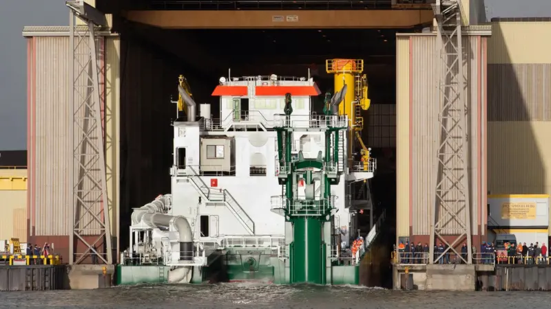 The 13,000 kW cutter suction dredger Shanti Sagar XVI is launched at IHC Merwde’s Sliedrecht yard last month.