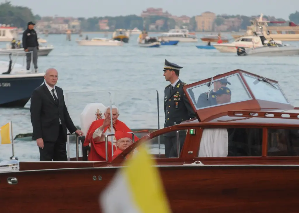 With the Popemobile unavailable for use in Venice, the Pope made his visit in a boat prepared for the role by the Tagliapietra Boatyard.