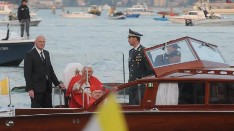 With the Popemobile unavailable for use in Venice, the Pope made his visit in a boat prepared for the role by the Tagliapietra Boatyard.