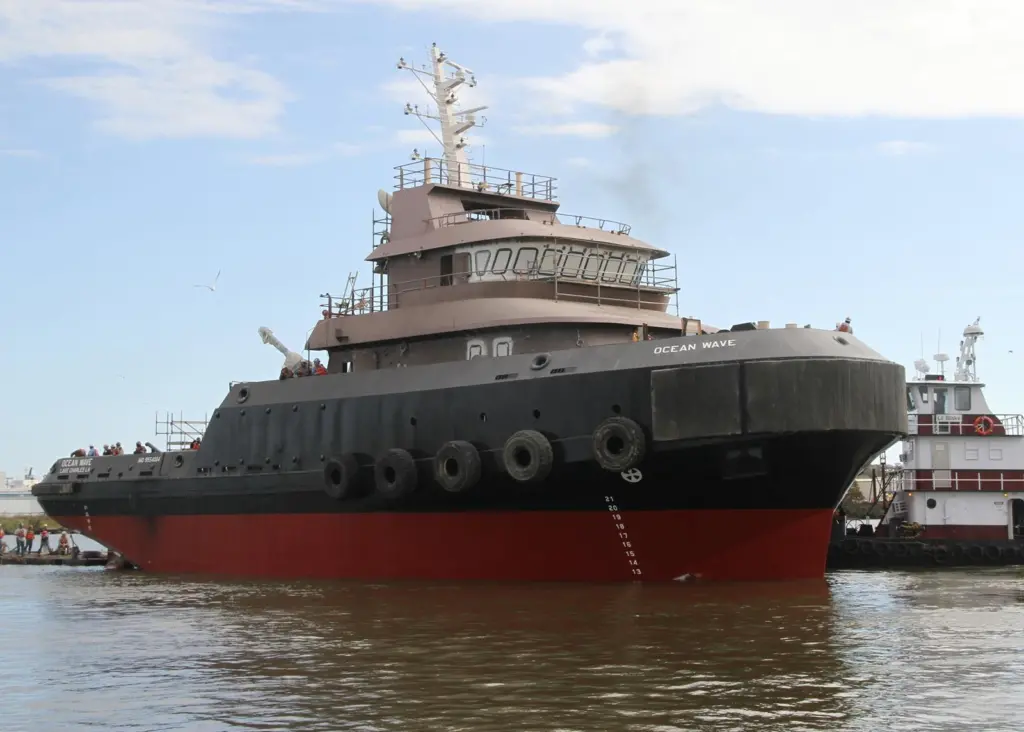 Bollinger shipyard has launched Ocean Wave, the first of four deepsea tugs for Crowley.