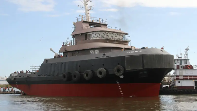 Bollinger shipyard has launched Ocean Wave, the first of four deepsea tugs for Crowley.