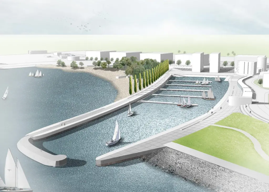 The new harbour basin will be bordered by a new quay wall along which people can walk, with new steps to the water, a flood protection dyke and a renovated slipway.