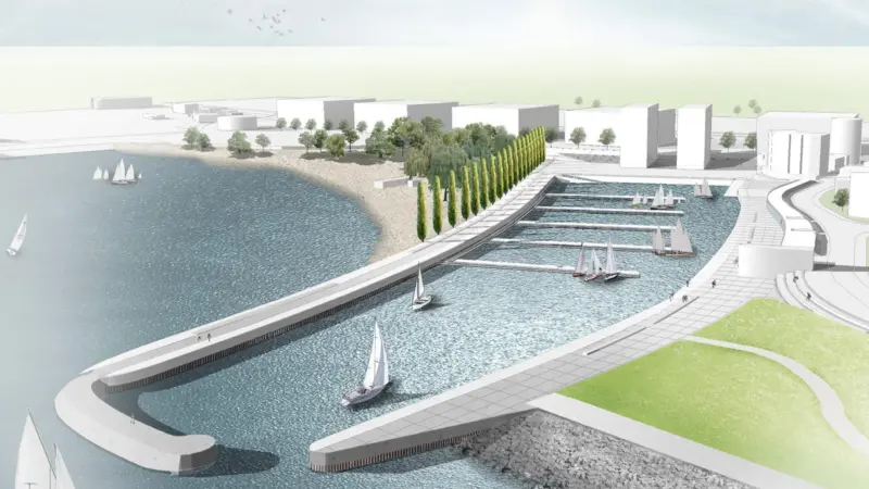 The new harbour basin will be bordered by a new quay wall along which people can walk, with new steps to the water, a flood protection dyke and a renovated slipway.
