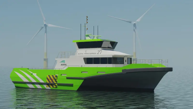 The Austal 27m trimaran WFSV render for Turbine Transfers