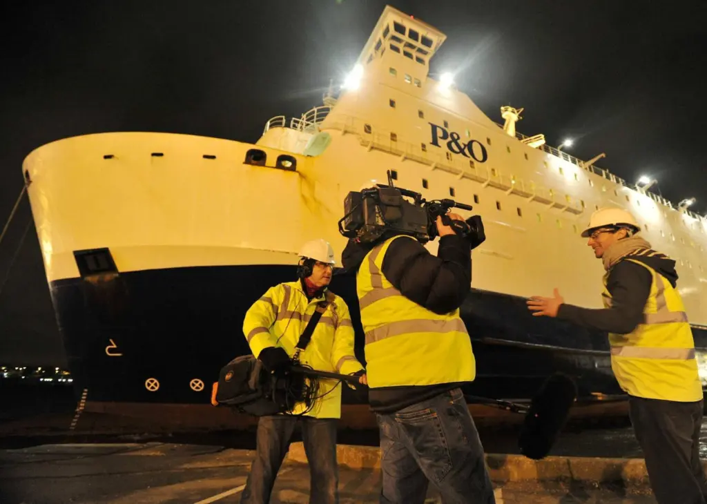 A television crew at work filming the refit of P&O’s Pride of Bruges at A&P Tyne.