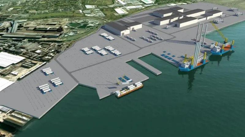 An artist’s impression of the proposed Vestas wind turbine manufacturing facility at Sheerness UK.