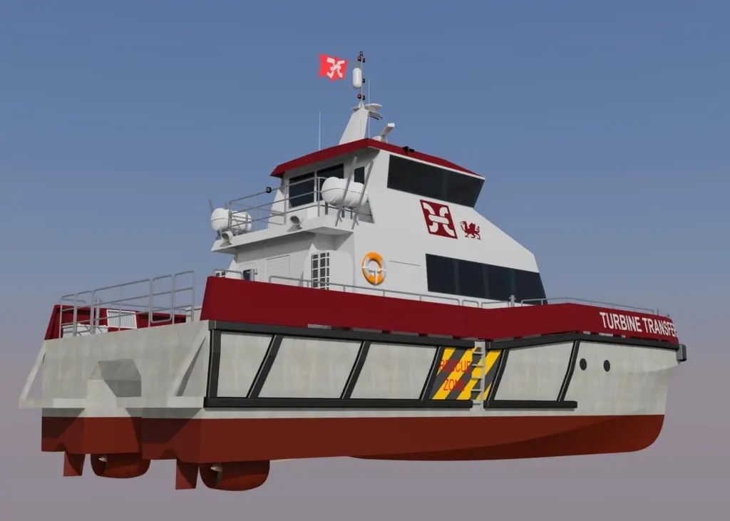 An artist’s impression of of the 19m Voith Linear Jet propelled wind farm service vessel for Turbine Transfers.