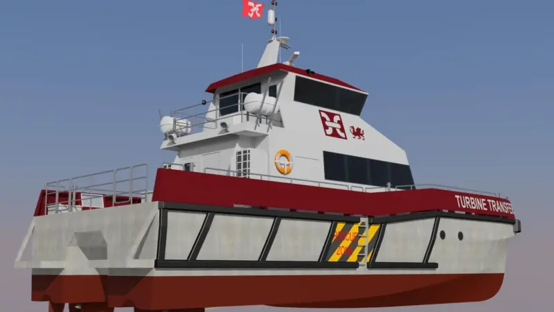 An artist’s impression of of the 19m Voith Linear Jet propelled wind farm service vessel for Turbine Transfers.