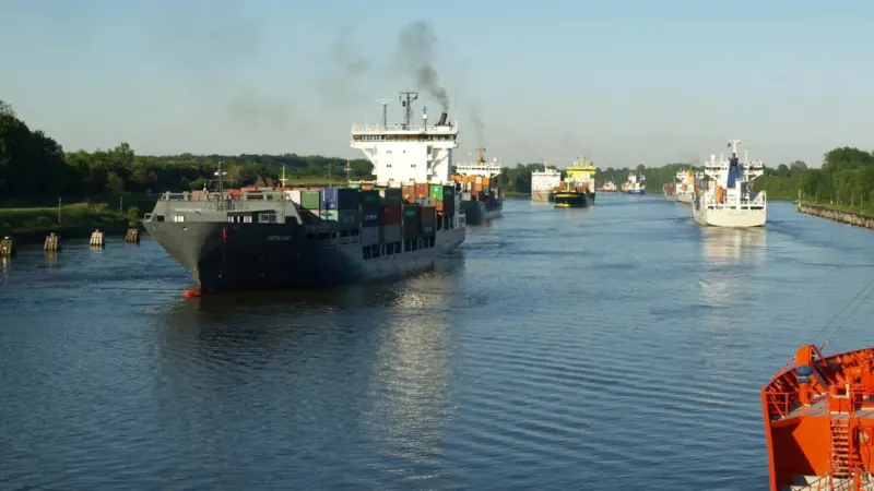 Navigation along Germany’s Kiel Canal is a crowded affair.