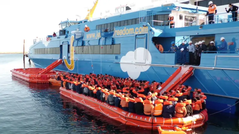 Survitec Zodiac escape slide being tested on the ferry Liberty.