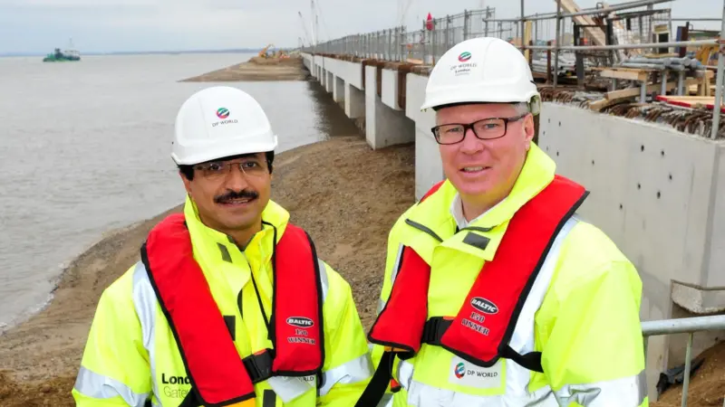 DP World chairman Sultan Ahmed Bin Sulayem with Simon Moore CEO of London Gateway, alongside berth 1, which opens next year.