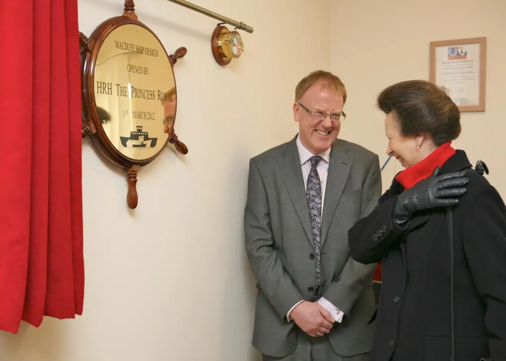Macduff Ship Design’s Donald Cameron and HRH The Princess Royal share a smile at the opening ceremony.