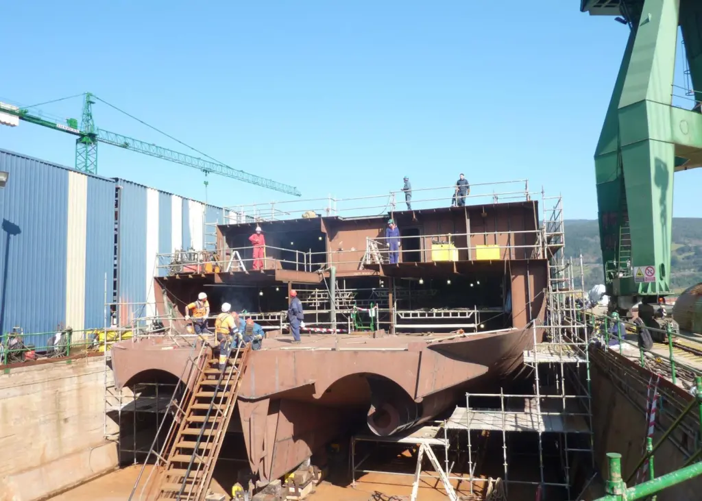 The 1,500 m3 capacity trailing suction hopper dredger for Dragages Ports is seen under construction.