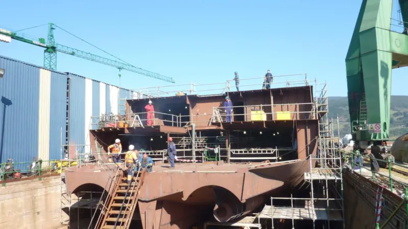 The 1,500 m3 capacity trailing suction hopper dredger for Dragages Ports is seen under construction.