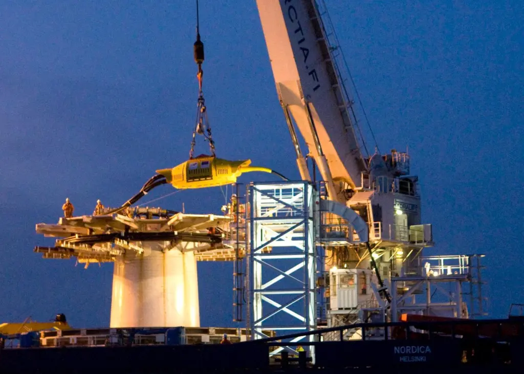 The Wave Hub is seen being installed off the coast of Cornwall UK.
