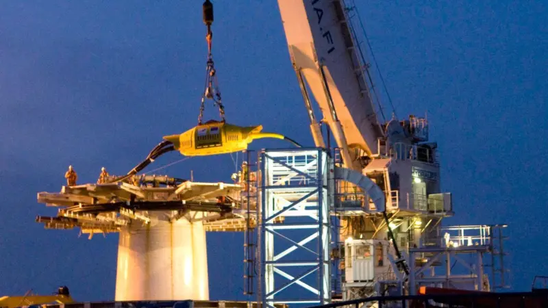 The Wave Hub is seen being installed off the coast of Cornwall UK.