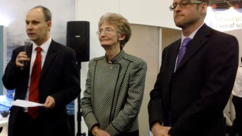 Fugro’s Andy McNeill with Barbara Bond, pro-chancellor of Plymouth University, and Richard Thain, project manager and education coordinator, at the launch of the distance learning Hydrographic Academy at London’s ExCel last month.
