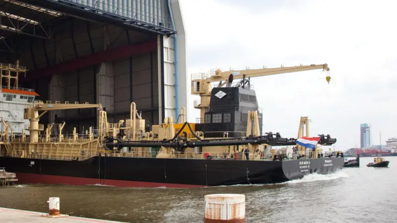 DCI Dredge XIX is launched from IHC Merwede’s yard at Krimpen aan den Ijssel on Monday.